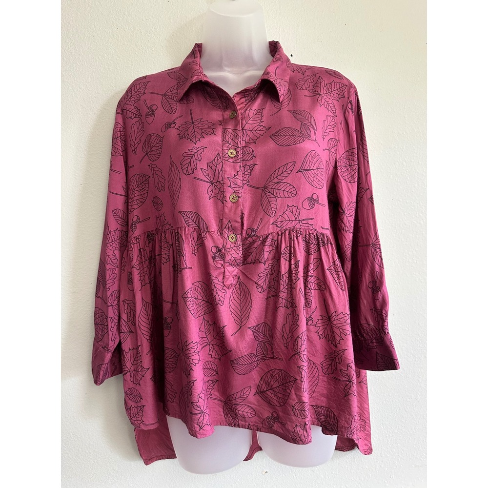 Bombay Paisley Women Berry Pink Leaf Print Babydoll Tunic Top Viscose Size M